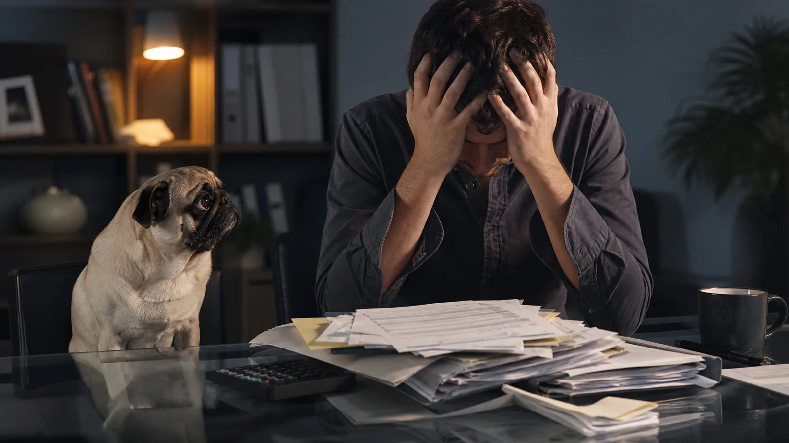 Hundehalter prueft Versicherungsunterlagen und Rechnungen am Schreibtisch