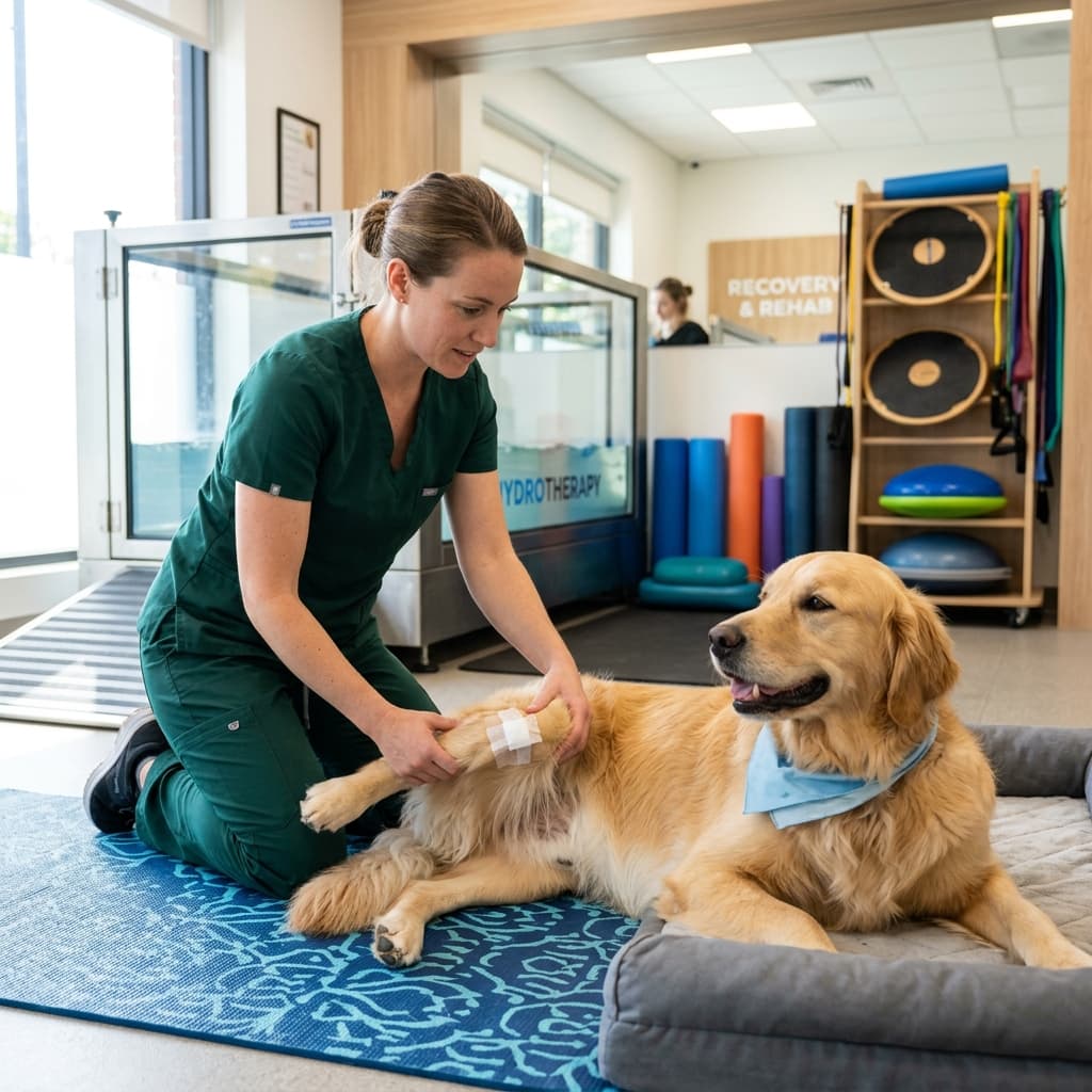 Ein Golden Retriever bei der Physiotherapie nach einer Kreuzbandriss-Operation