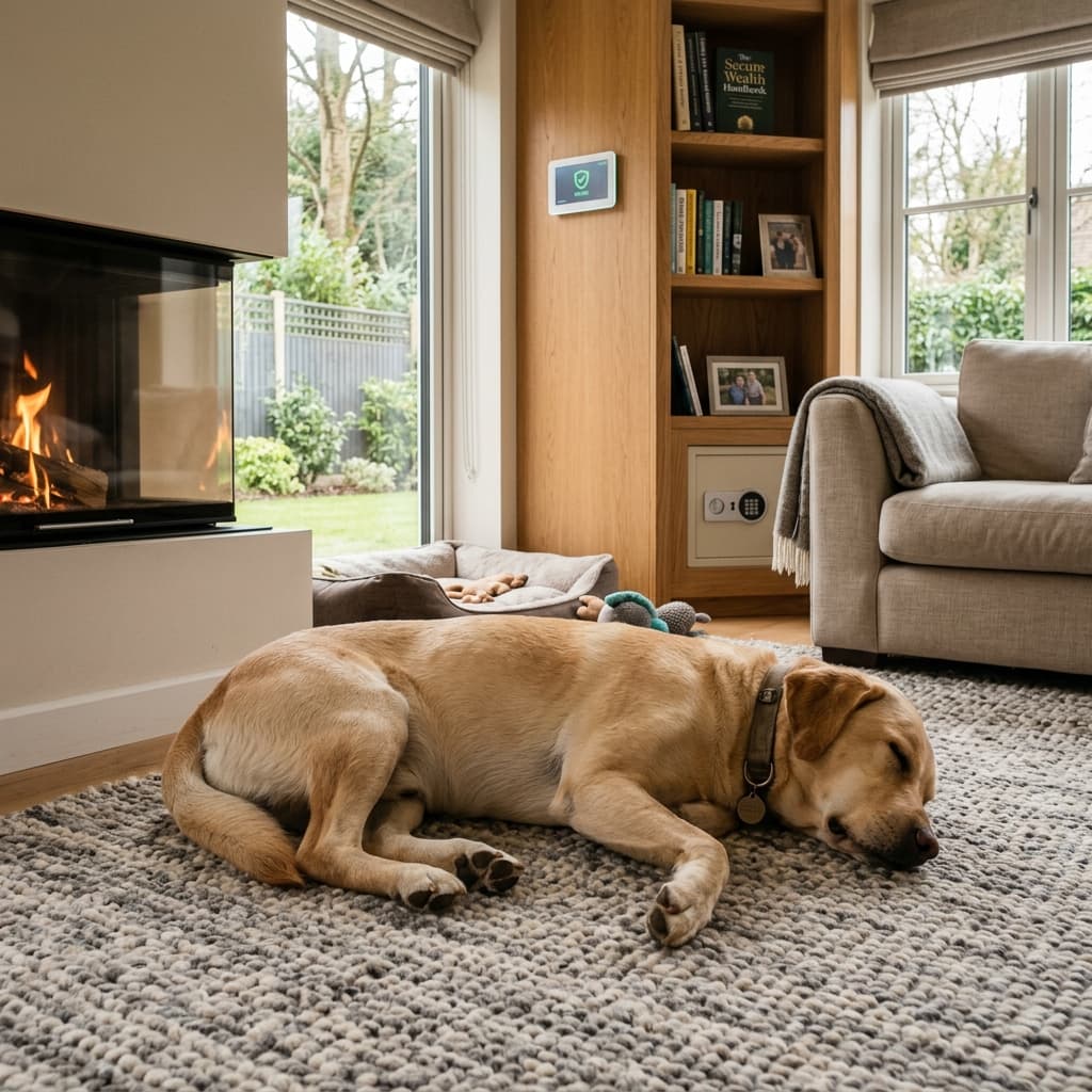 Ein sehr entspannter, schlafender Hund in einem sicheren, luxuriösen Zuhause