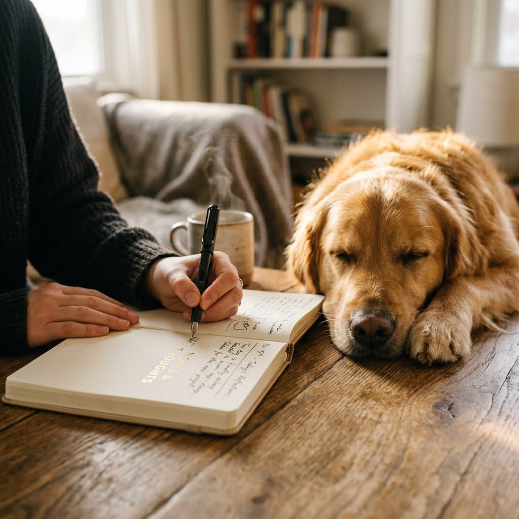 Eine Person macht Notizen in einem Notizbuch, während ein Hund entspannt daneben liegt
