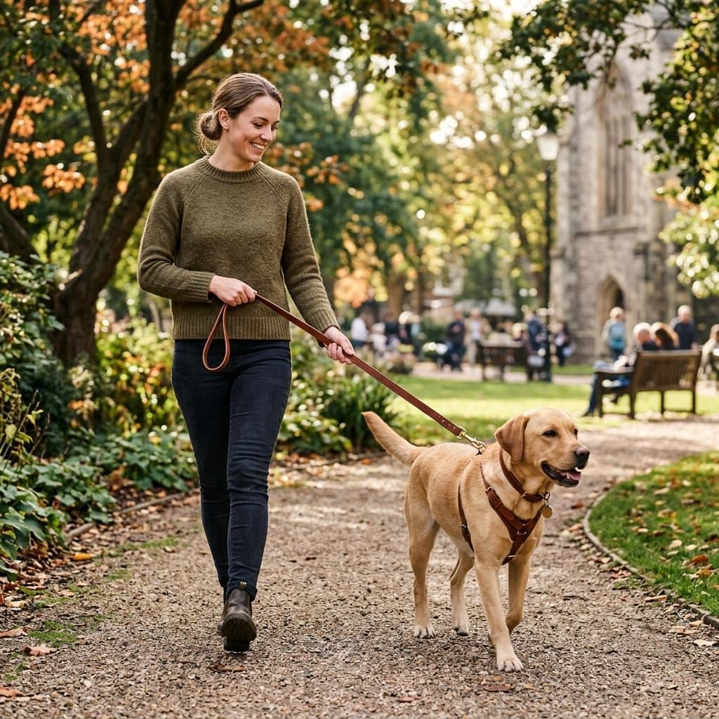 Ein gut erzogener Hund geht perfekt an einer stylischen Lederleine im Stadtpark