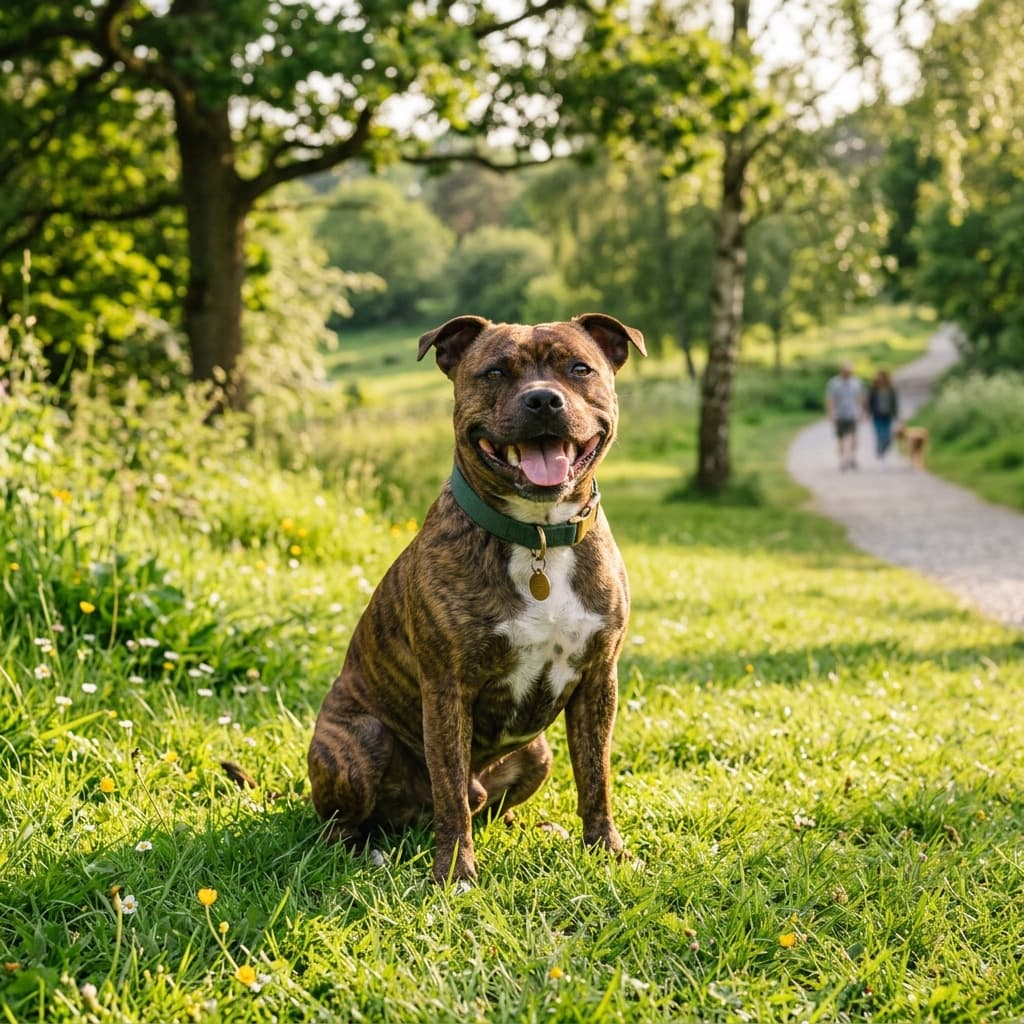 Ein freundlicher, lächelnder Staffordshire Bullterrier in einem sonnigen Park