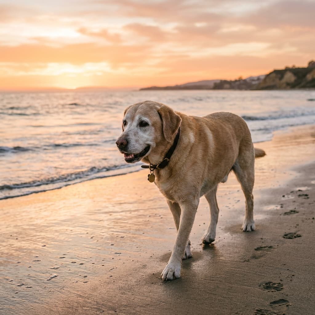 Ein älterer Labrador mit grauem Gesicht läuft entspannt am Strand